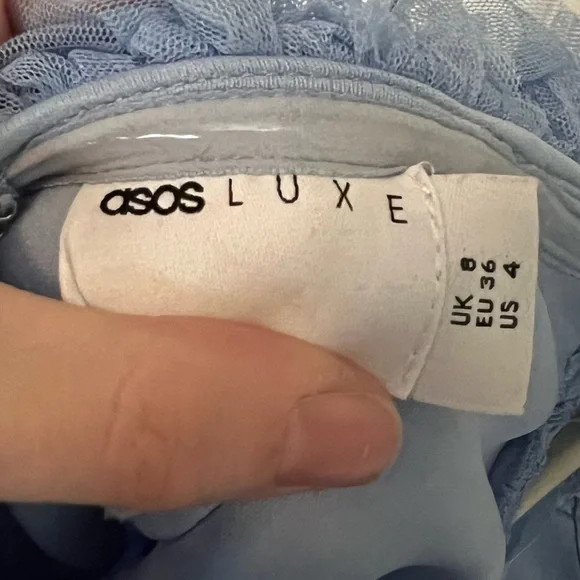 ASOS LUXE 3D Lace Ruffle Bardot Mini Dress in Blue - Picture 8 of 10